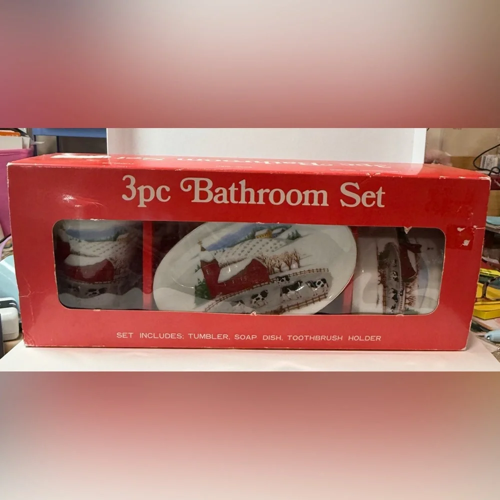 Vintage 3-Piece Bathroom Set Farm Scene Made in Japan – New in Box